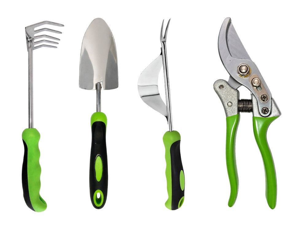 Conjunto de ferramentas de jardinagem: enxada, pá, tesoura de poda, bolsa – conjunto de 4 peças