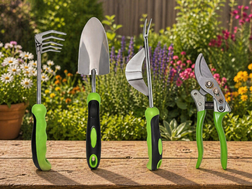Conjunto de ferramentas de jardinagem: enxada, pá, tesoura de poda, bolsa – conjunto de 4 peças