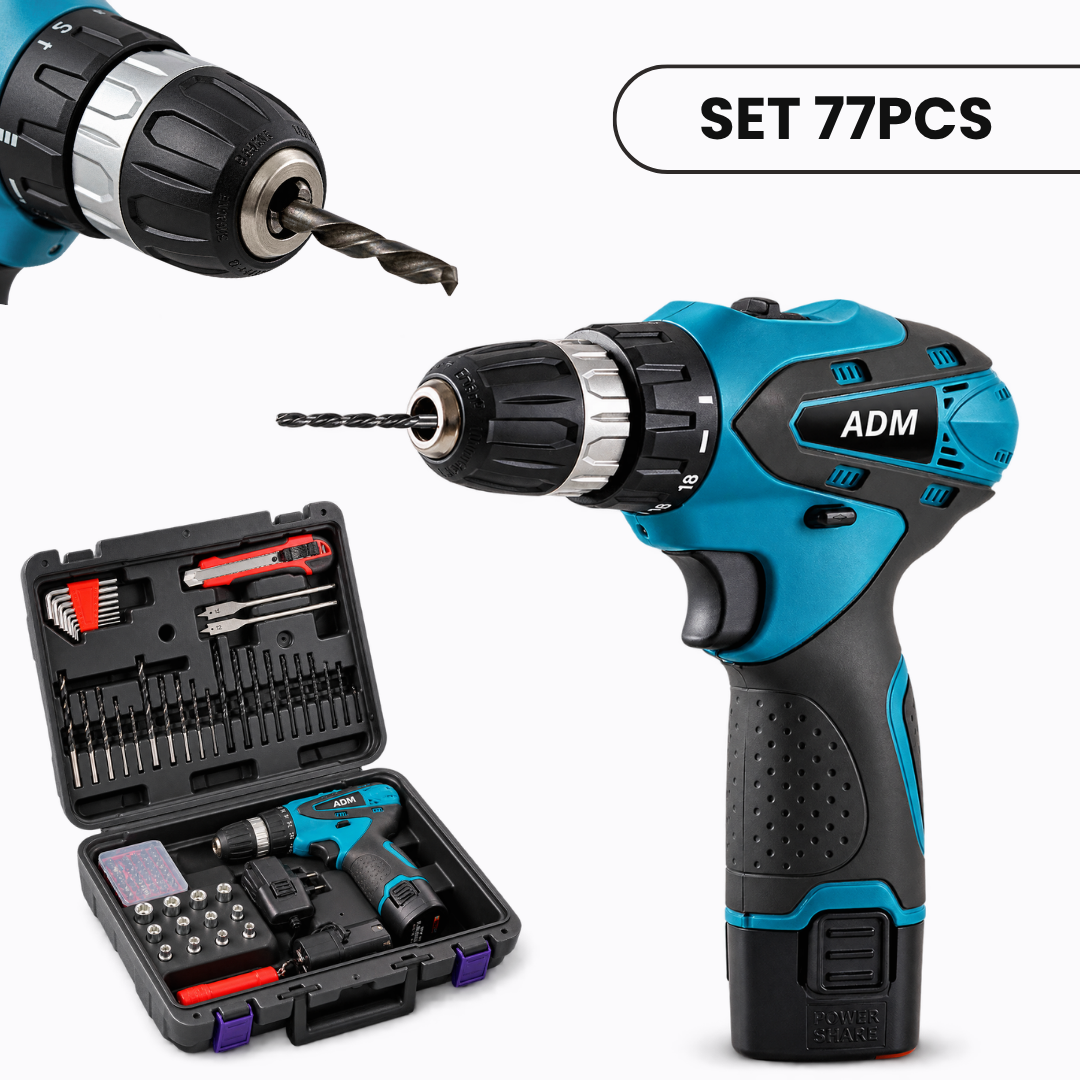 Aparafusadora sem fio ADM + duas baterias de 12V, conjunto com 77 peças