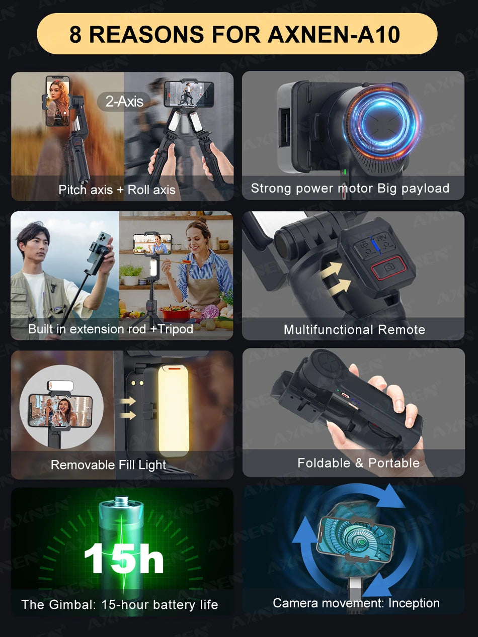 Estabilizador gimbal de 2 eixos e bastão de selfie | luz de preenchimento removível A10