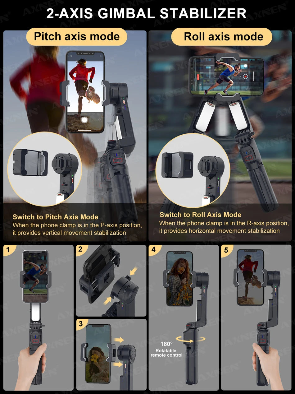 Estabilizador gimbal de 2 eixos e bastão de selfie | luz de preenchimento removível A10