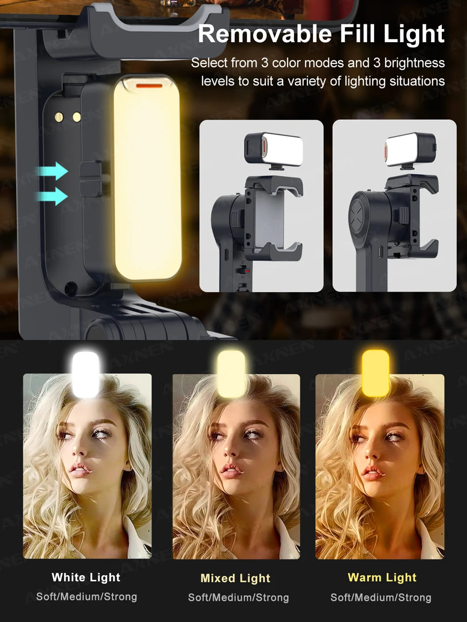 Estabilizador gimbal de 2 eixos e bastão de selfie | luz de preenchimento removível A10