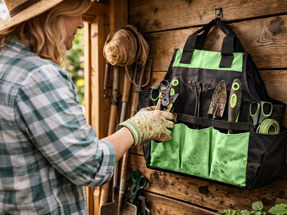 Conjunto de ferramentas de jardinagem: enxada, pá, tesoura de poda, bolsa – conjunto de 4 peças