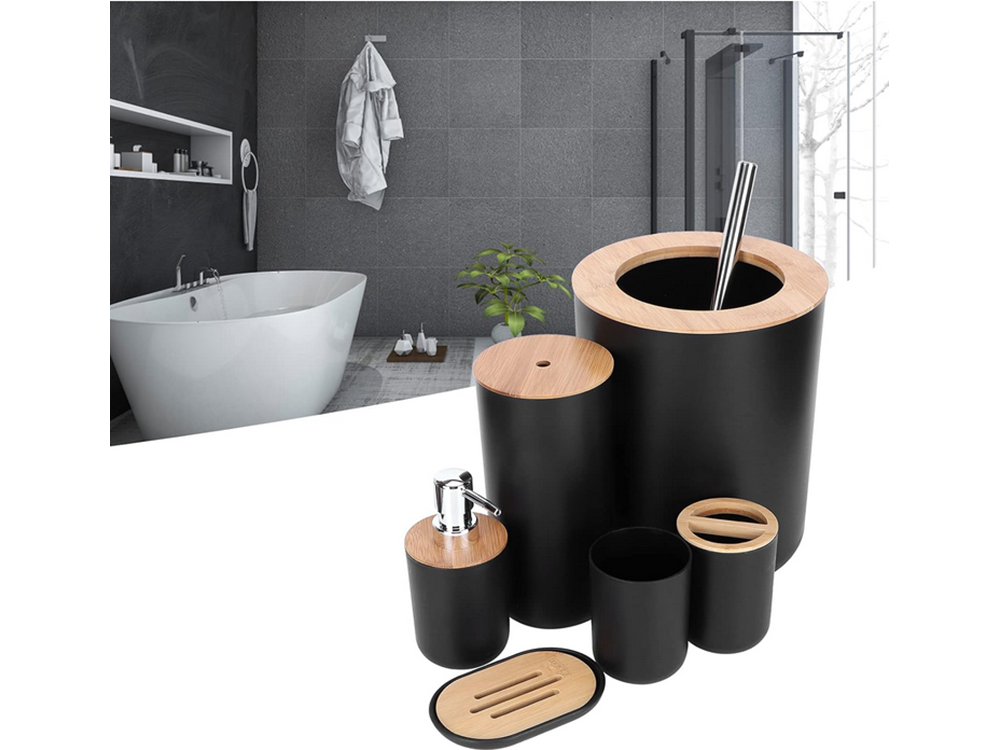 Conjunto de Acessórios de Casa de Banho – Preto & Bambu